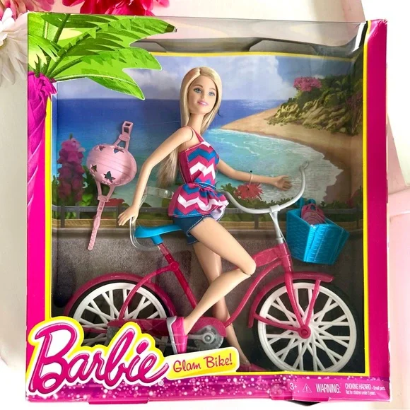 NEW Barbie Glam Bike Pink Helmet Blue Basket Jointed Doll Kids Toy Bicycle Set - Picture 12 of 13